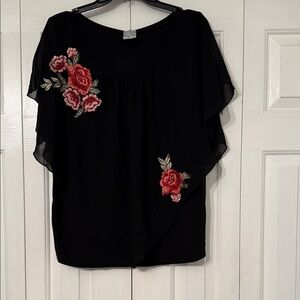 Chic Black Blouse with Red Floral Embroidery
